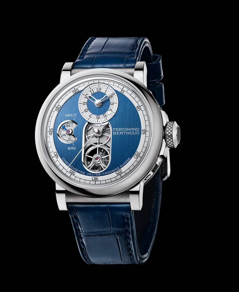 Chronomètre FB 2T精密時計系列,型號FB 2T.1(18K白金款搭配藍色緞面表盤)(圖片來源:Chronométrie Ferdinand Berthoud) 日內瓦鐘表大賞得主Chronomètre FB 1時隔八年限量38枚最終版本-復刻表